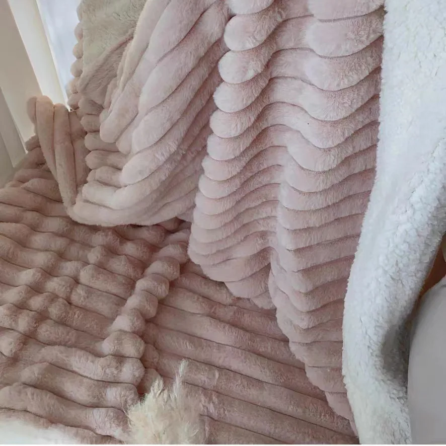 Luxury Home Winter Rabbit Warm Blanket White Stripe Sherpa Fleece Lining Sofa Blankets Fluffy Sheepskin Throw Blanket
