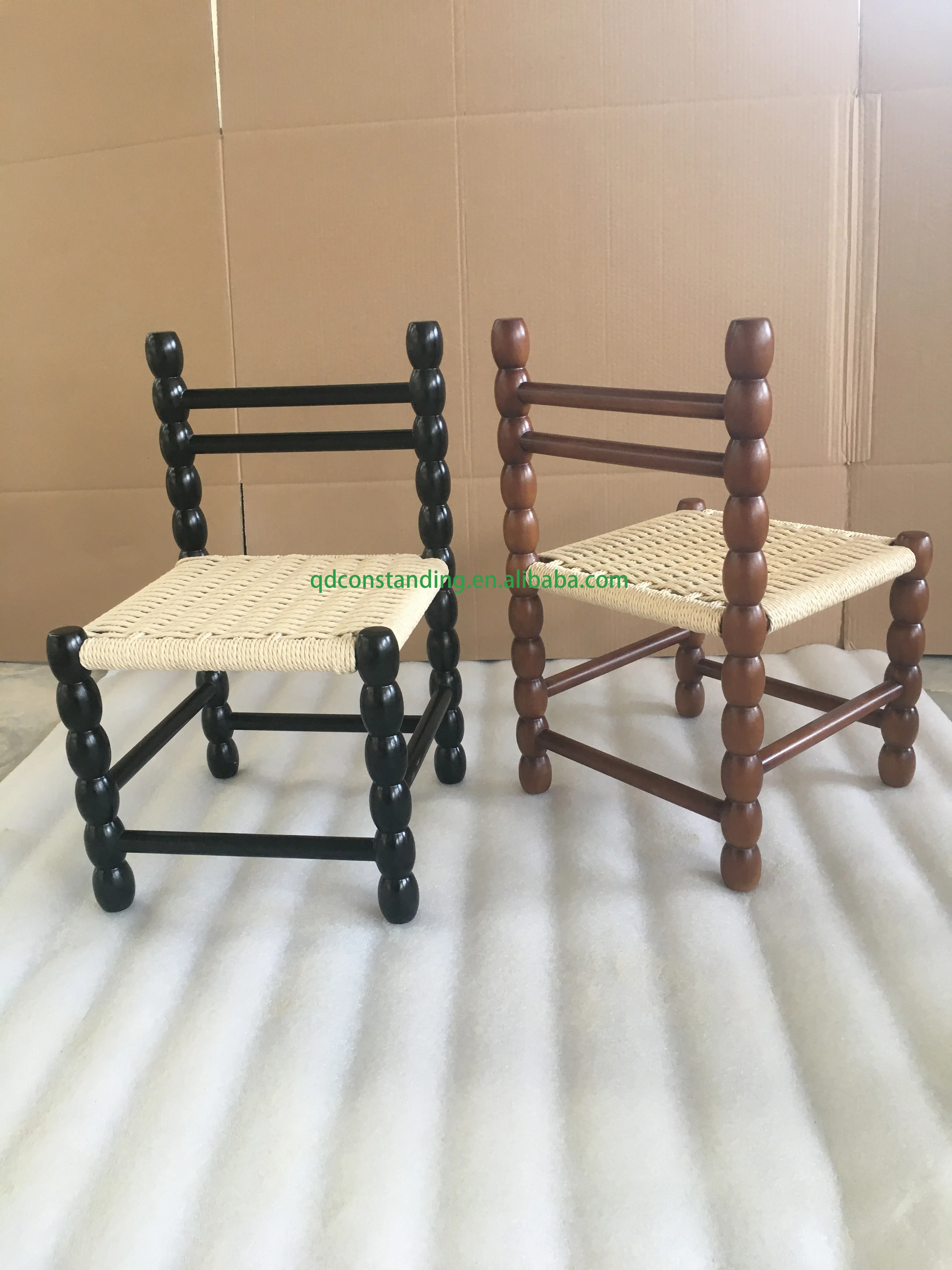Children High Back Small Portable Modern Wooden Paper Cord Woven Seat Kids Stool