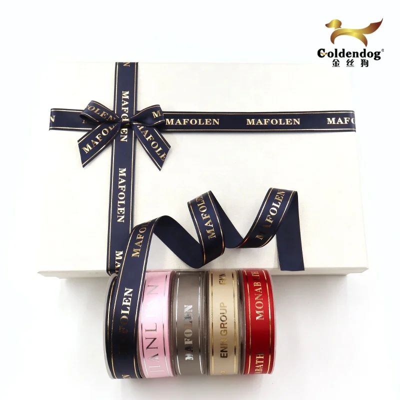 New Design Hot Stamping Foil Print (Gold/Silver) Polyester Satin Custom Ribbon For Packing