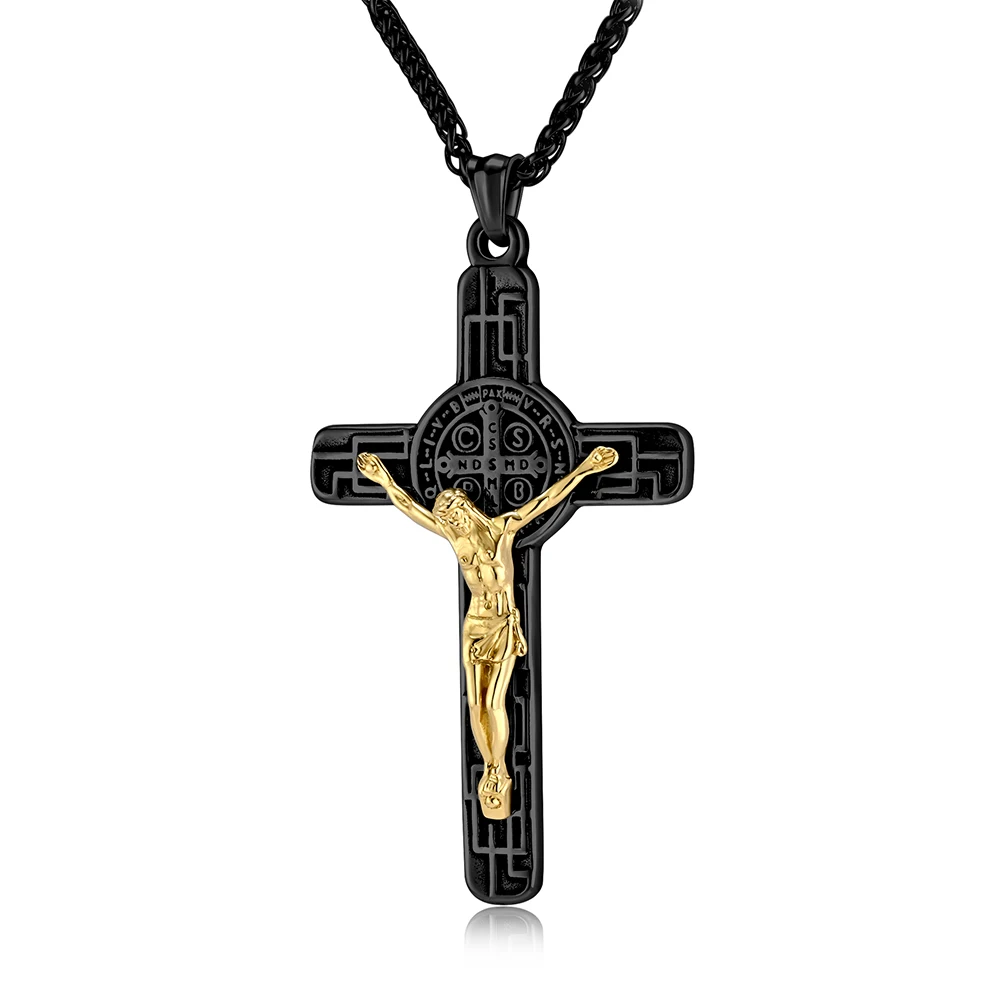 Vintage Punk Stainless Steel Two Tone St Benedict Jesus Big Pendant Necklace Women Men Religious Christian Gift Jewelry