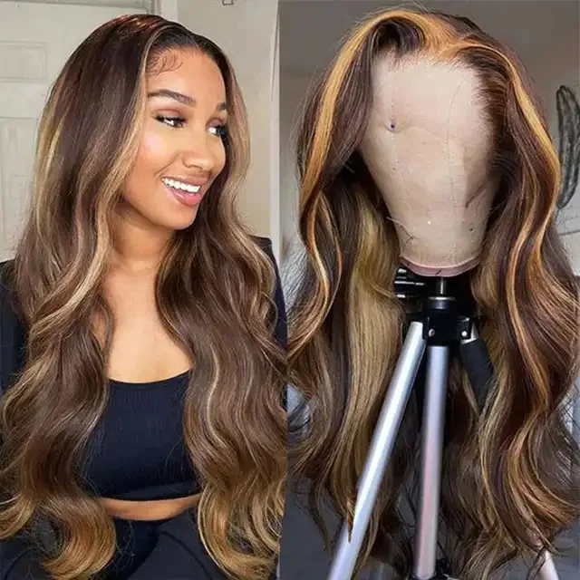 100% Virgin Brazilian Human Hair Lace Front Wigs Honey Brown Highlight Color Cuticle Aligned Hair Human Hair Wig