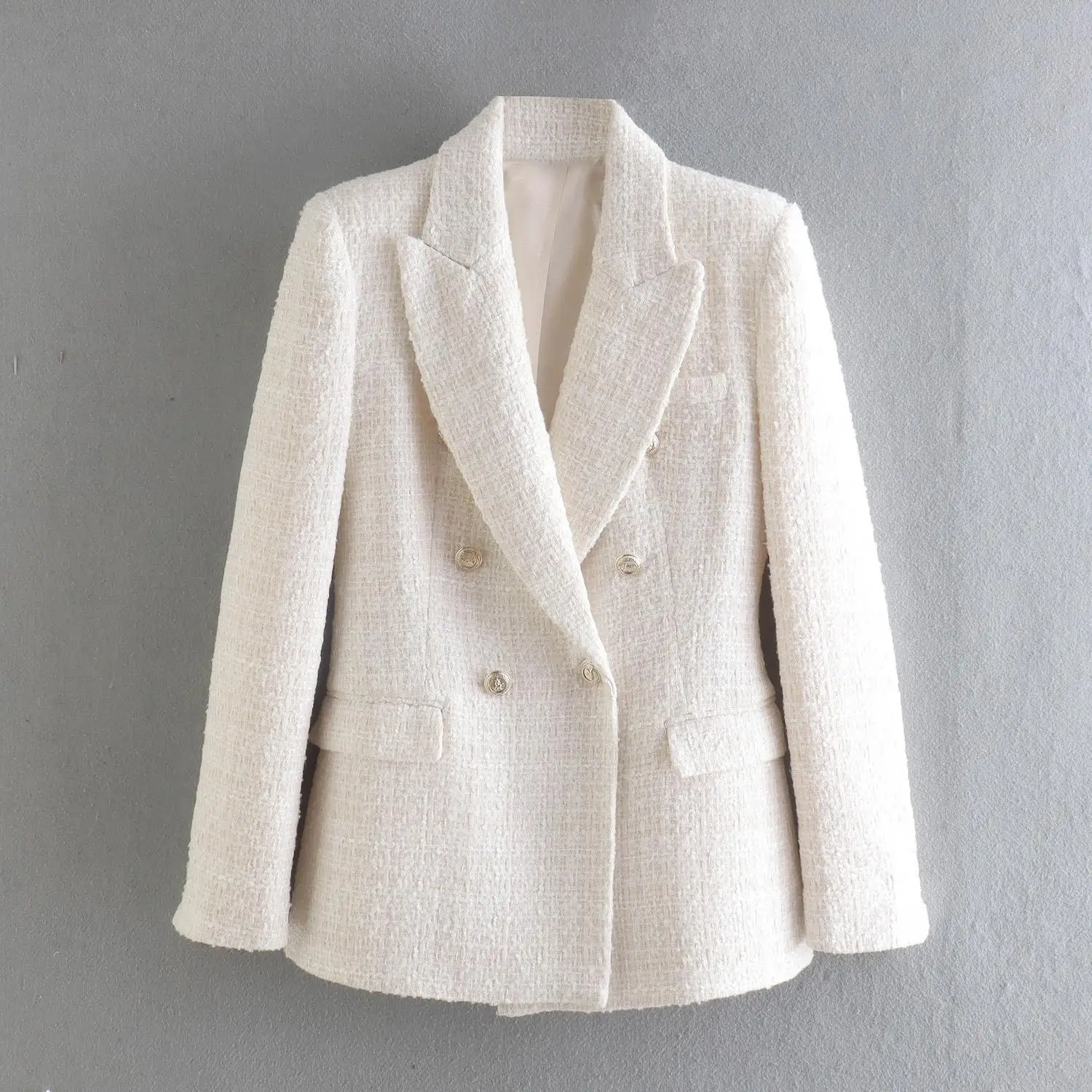 Women Chic Plain Blazeers Double-Breasted Flap Patch Pocket Coat Ladies Elegant Beige Jacket