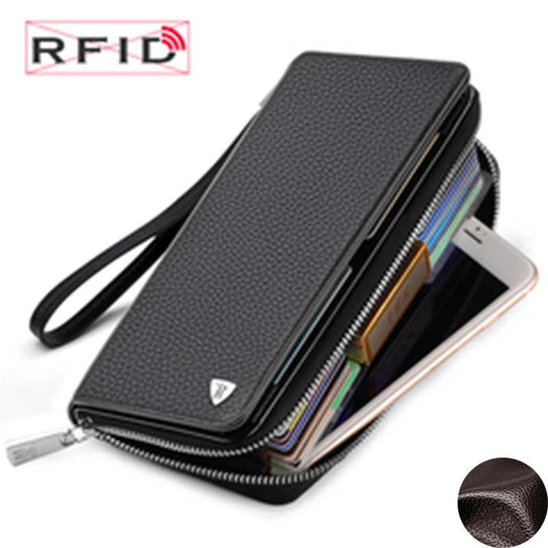 WILLIAMPOLO business men leather wallet long rfid credit card holder alloy zipper clutch large capacity phone leather wallet men