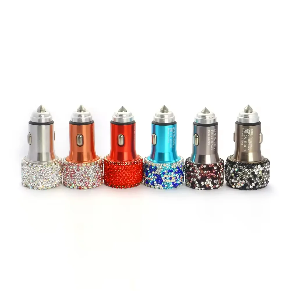 Dual USB Car Charger Bling Bling Handmade Rhinestones Crystal Car Decorations Fast Charging Car Decors for iPhone for Samsung