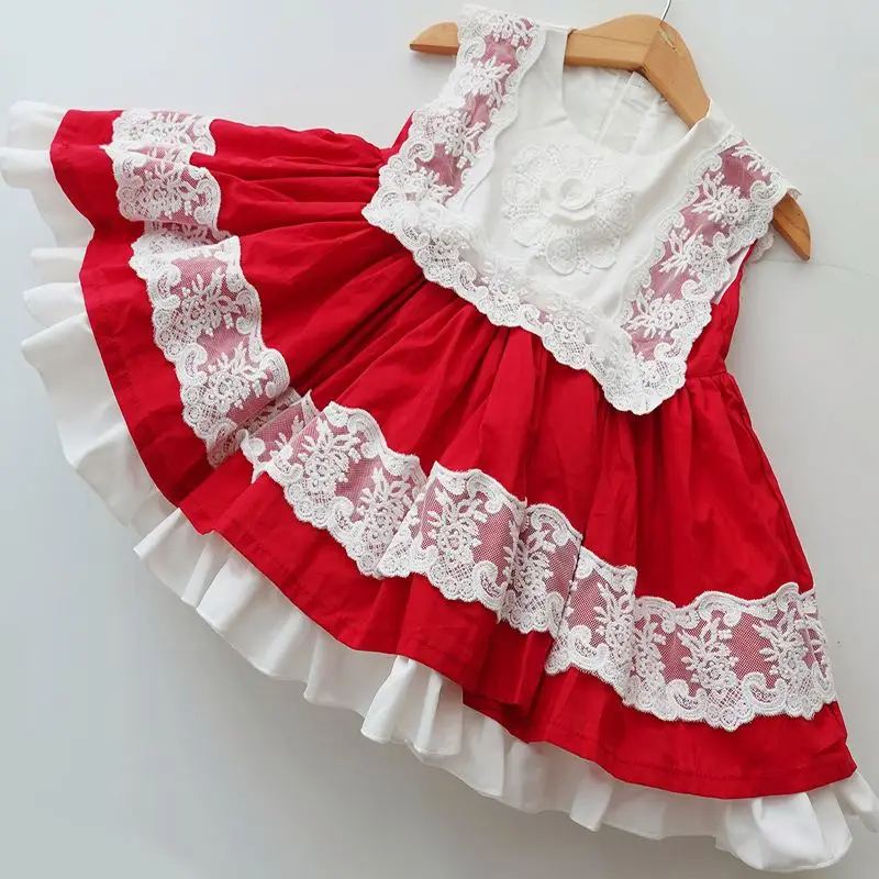 
lyc-3874 Kids Clothes Summer 2021 Girls Spanish Dresses Children Spain Lotia Red Lace Ball Gowns 1-10Y Party Wear Outfits 