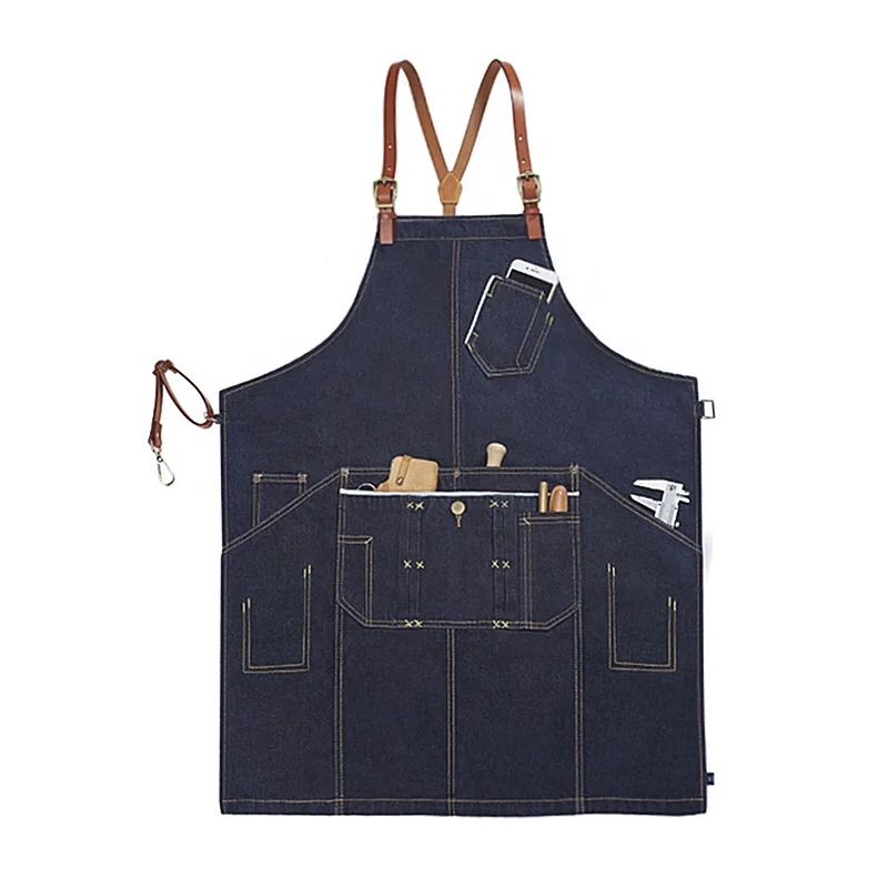 Fashion bartender waiter denim apron with belt apron custom logo hot barista overalls leather shoulder strap unisex