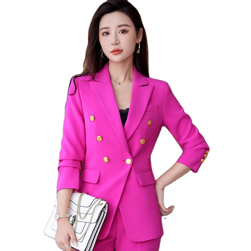 Rose Red Female Suit Jacket for Spring and Autumn New Professional & Leisure Host Wear with Button Decoration for Office