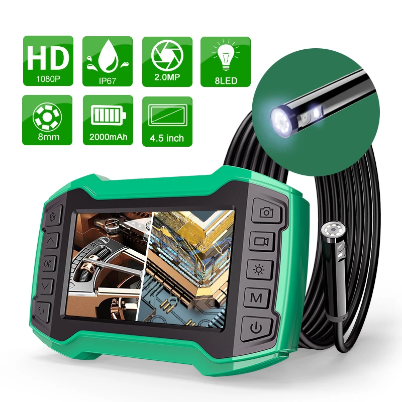 Newest  Dual Lens Industrial Endoscope Digital 4.5 'LCD Snake Camera 1080P HD IP67 Waterproof Inspection Camera WIth 8 LED 5m