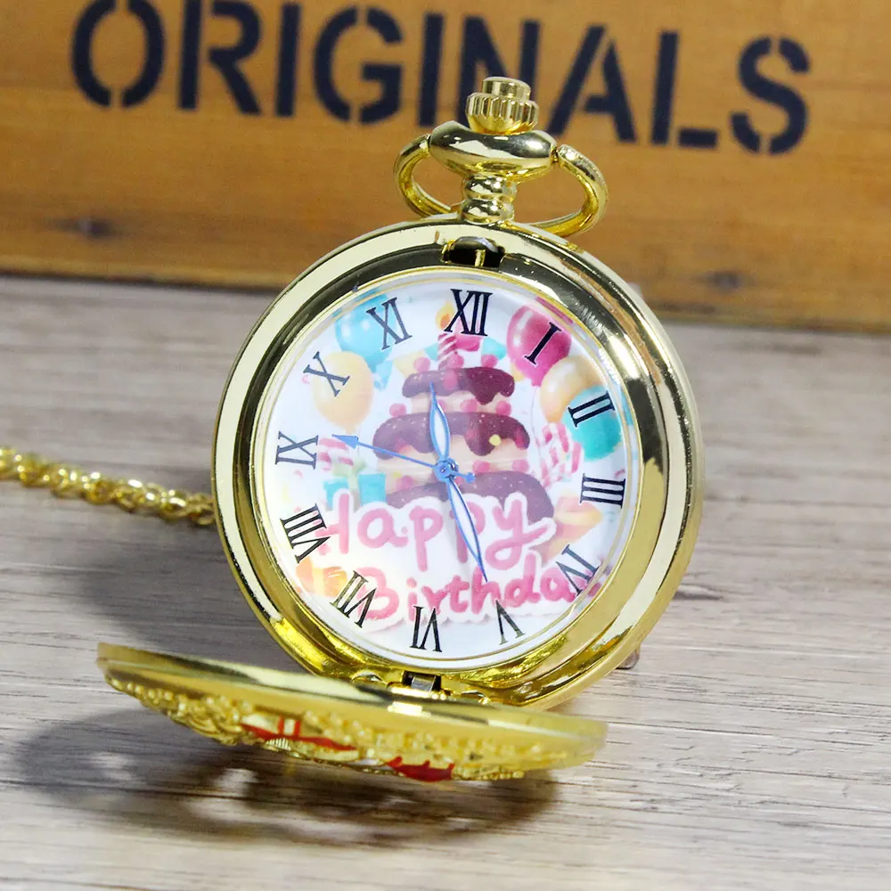 Best Sale Classic Fashion Gift Pocket Watch Happy Birthday Cake Hollow Clamshell Blessing Quartz Pocket Watch