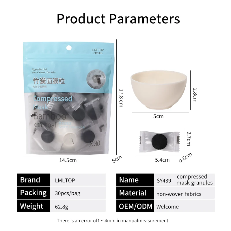 LMLTOP 30 Disposable Compressed Bamboo Charcoal Face Sheet Mask With Bowl SY439 DIY Spa Dry Compressed Facial Mask Cotton Paper