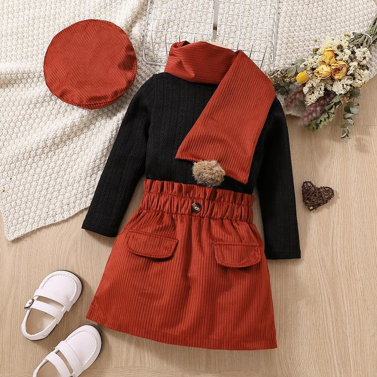 2023 Fashion Kids Baby Girls Party Outfits Autumn Knit Full Sleeve Top Shirts Hat Pocket Skirts Children Clothes 3pcs Set