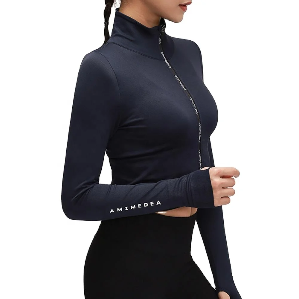 Gym Yoga Shirts Women Zipper long Sleeve Sport Top Fitness Crop Tops Outdoor Running Cycling Tops Elastic Training Sportswear