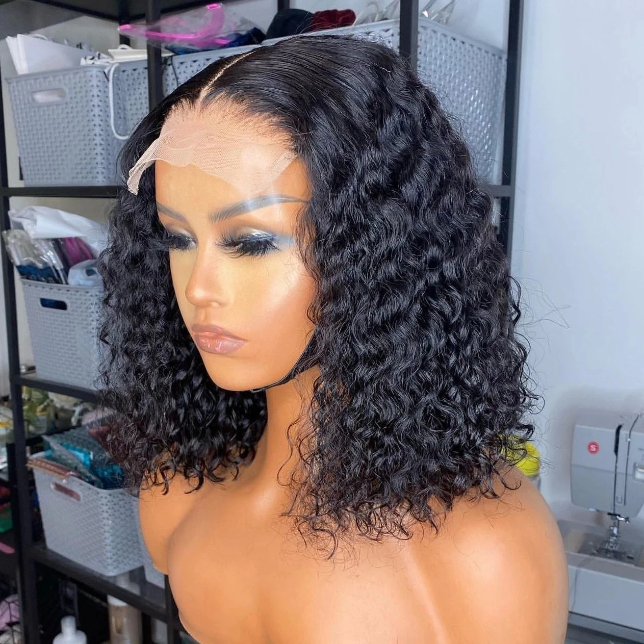 Wholesale Black Deep Curly Cuticle Aligned Hair Bob Lace Wig Vendor,Factory Price Kinky Curly Bob Pre plucked With Baby Hair