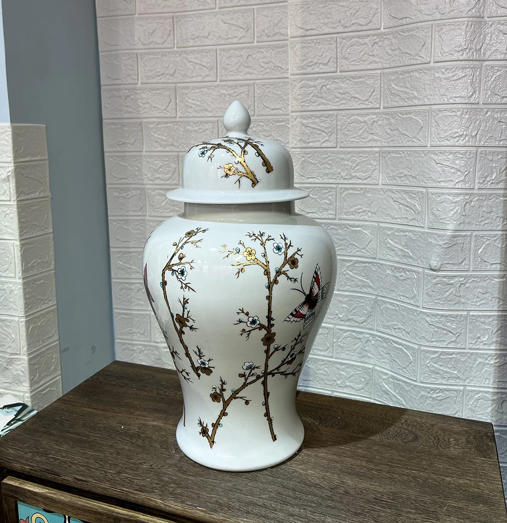 Chinese Jingdezhen traditional style white ceramic ginger jar with Butterfly and flowers patterns with Exquisite lids