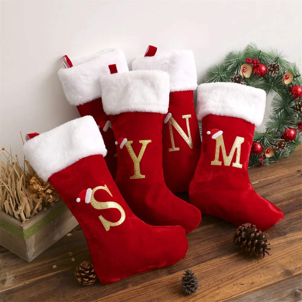 Christmas Decoration Supplies Red High end Gold Velvet DIY Christmas Socks Gift Socks Santa Claus Candy Bag 26 English letters