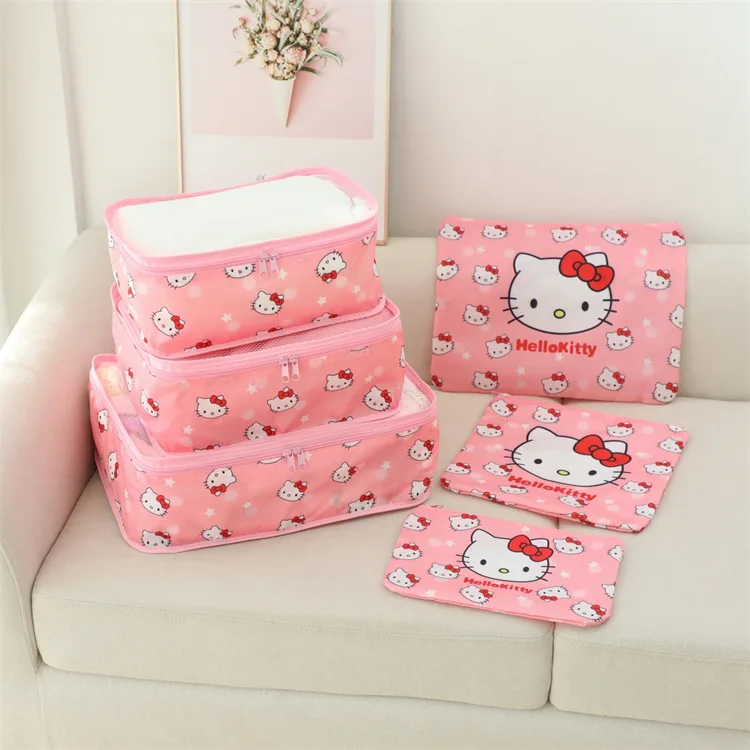Kitty Y2K 6pcs Sanrio Kawaii Anime Duffel Bag Cartoon Print Kuromi My Melody Pompompurin Shoe Storage Bag
