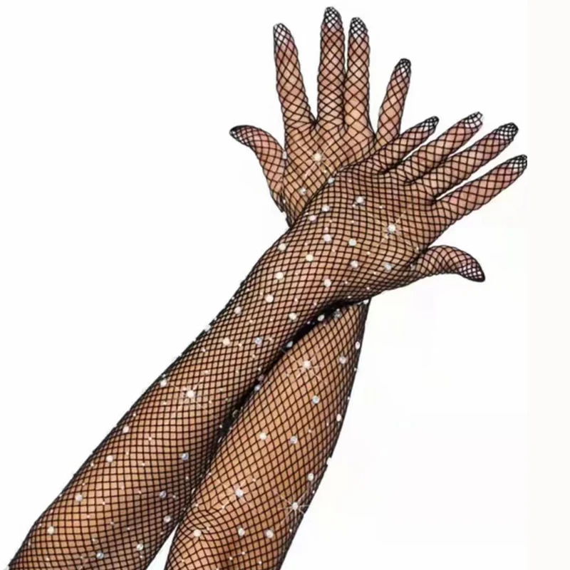 Party cosplay diamonds hollow mesh gloves long sleeve stretch rhinestones five fingers mittens festival sexy lace net gloves