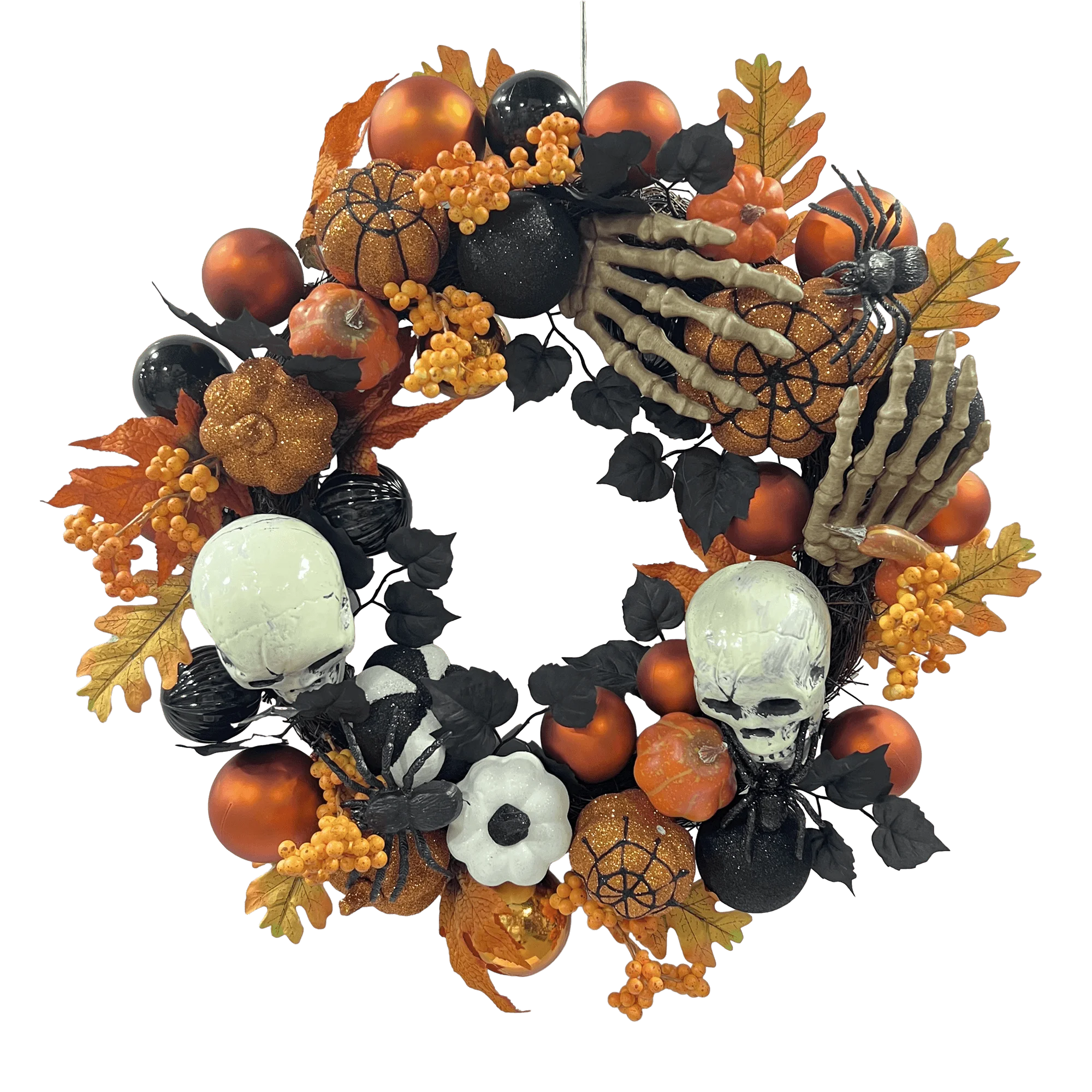 Senmasine 22 Inch Orange Baubles Berries Maple Leaves Spider Skeleton Head Hand Halloween Glitter Pumpkin Wreath