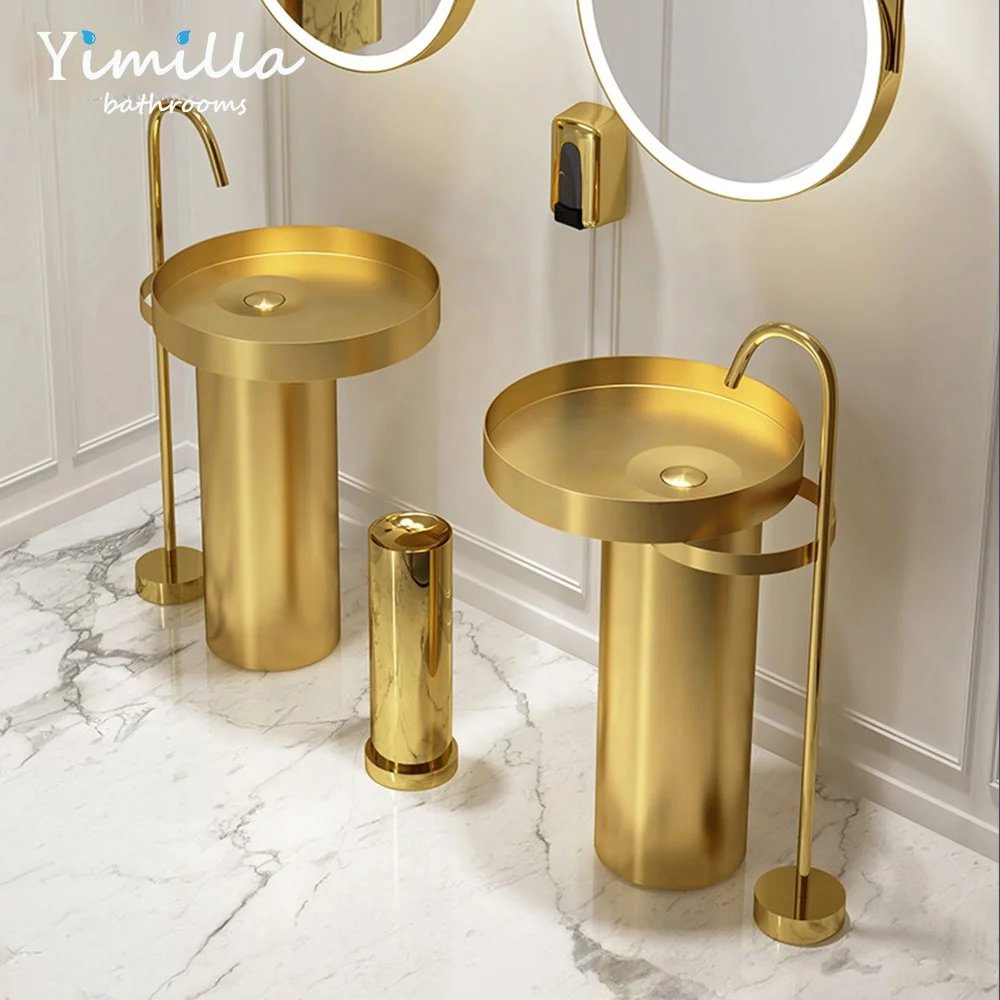 Modern luxury public villa hotel durable pedestal wash hand sink 304 stainless steel freestanding wash basin for bathroom