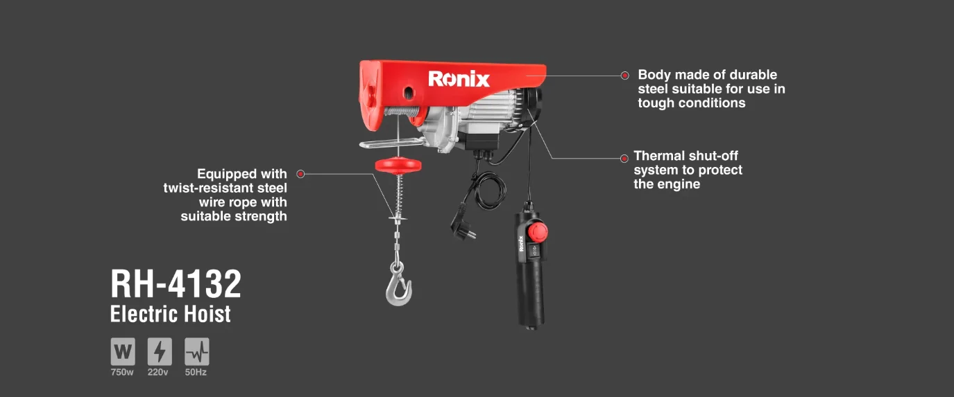 Ronix RH-4130-4136 Model 500KG 1 ton 1.2 ton Small Wire Rope 1600W Electric Hoist electric winch electric hoist