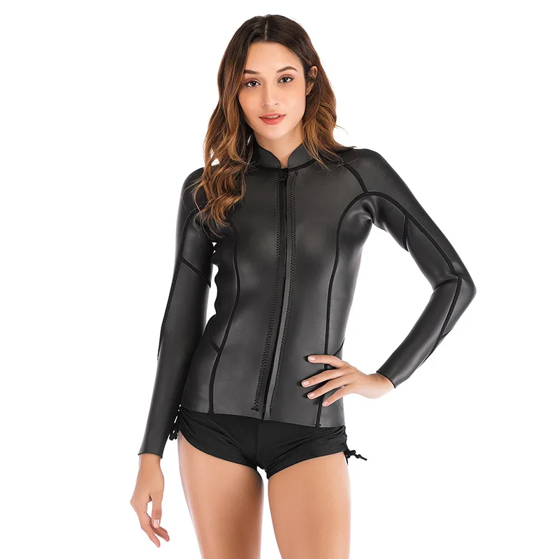 2MM Thermal Neoprene Diving Suit Jacket Female Long Sleeve Smooth Skin Open Cell Wetsuit Tops Snorkel Swimming Suit