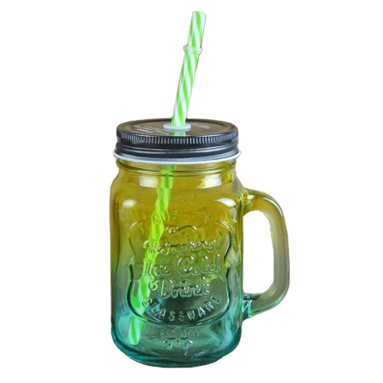 Customized Color Glass 500ml  Engraved Logo Flawless Etch Mason Jar For Cold Drinks With Straw Iced Cold Drink Drinking Bottle