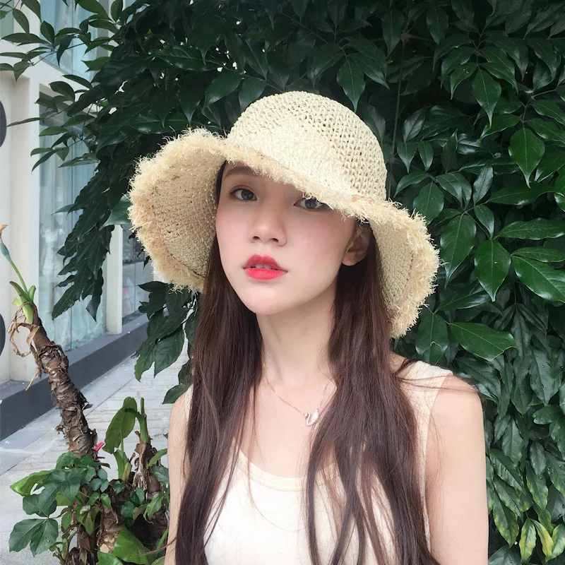 Wholesale Hot Selling Crochet Summer Beach Sun Straw Hats For Women With Rough Selvedge Paper rope handmade crochet cap