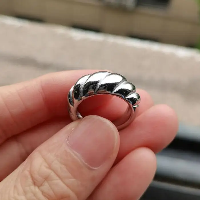 INS Simple Stainless Steel 18K Gold Plated Embossed Croissant Rings Titanium Steel PVD Geometric Curve Arc Ring Jewelry