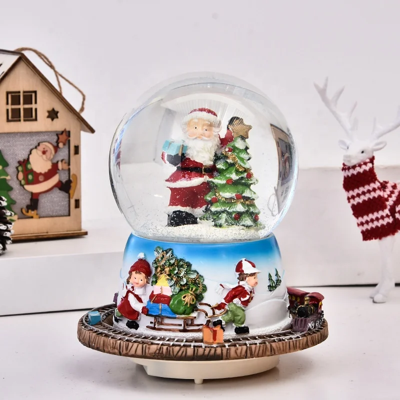 custom christmas snowball snow globe spinning rotation train Santa Claus tree snowman light music