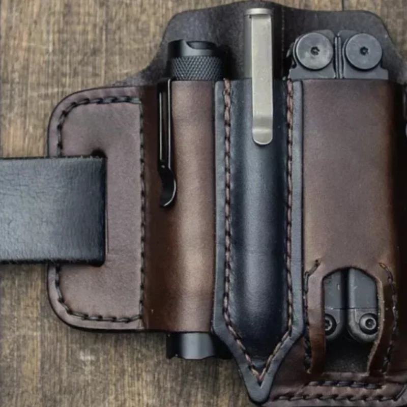 Multitool Leather Sheath EDC Pocket Organizer With Key Holder Outdoor Camping Tool Holster for Belt and Flashlight Father Gift