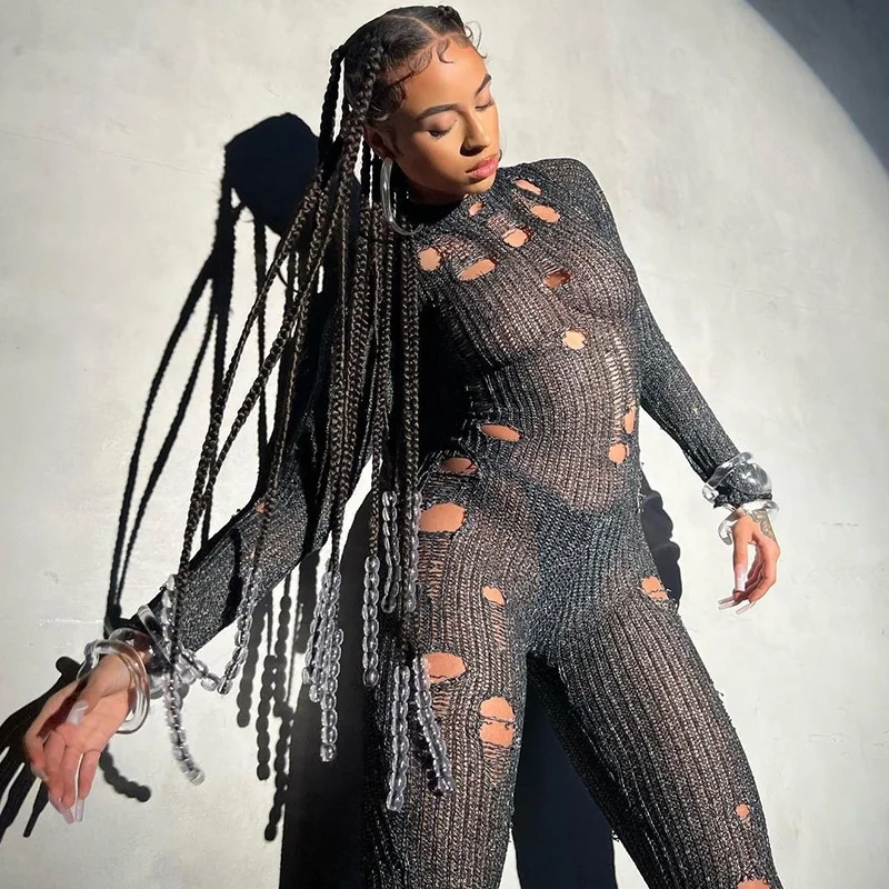 2024  Winter Fall Women Jumpsuits Cotton Knitted Hollow Bodysuits Sexy Bandage One Piece Rompers Knit Jumpsuits For Women