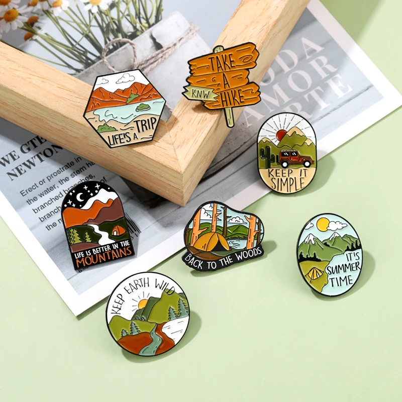 Outdoors Wild Camping Lapel Pins Take A Hiking Adventure Mountain Trip Brooches Enamel Pin Metal Badges