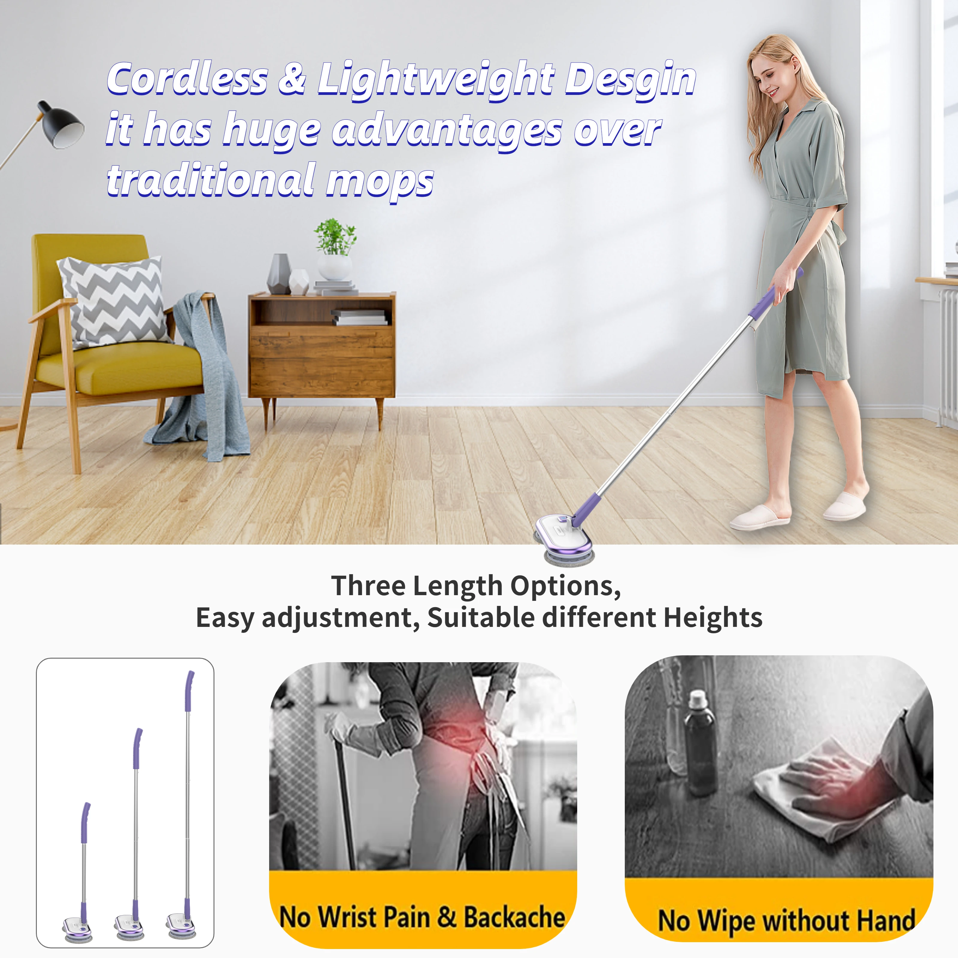 Electric Mop with Motorized Dual Spinning Mopheads, Lightweight & Rechargeable,4 Microfiber Pads & 2 Floor Scrubber Pads, Clean