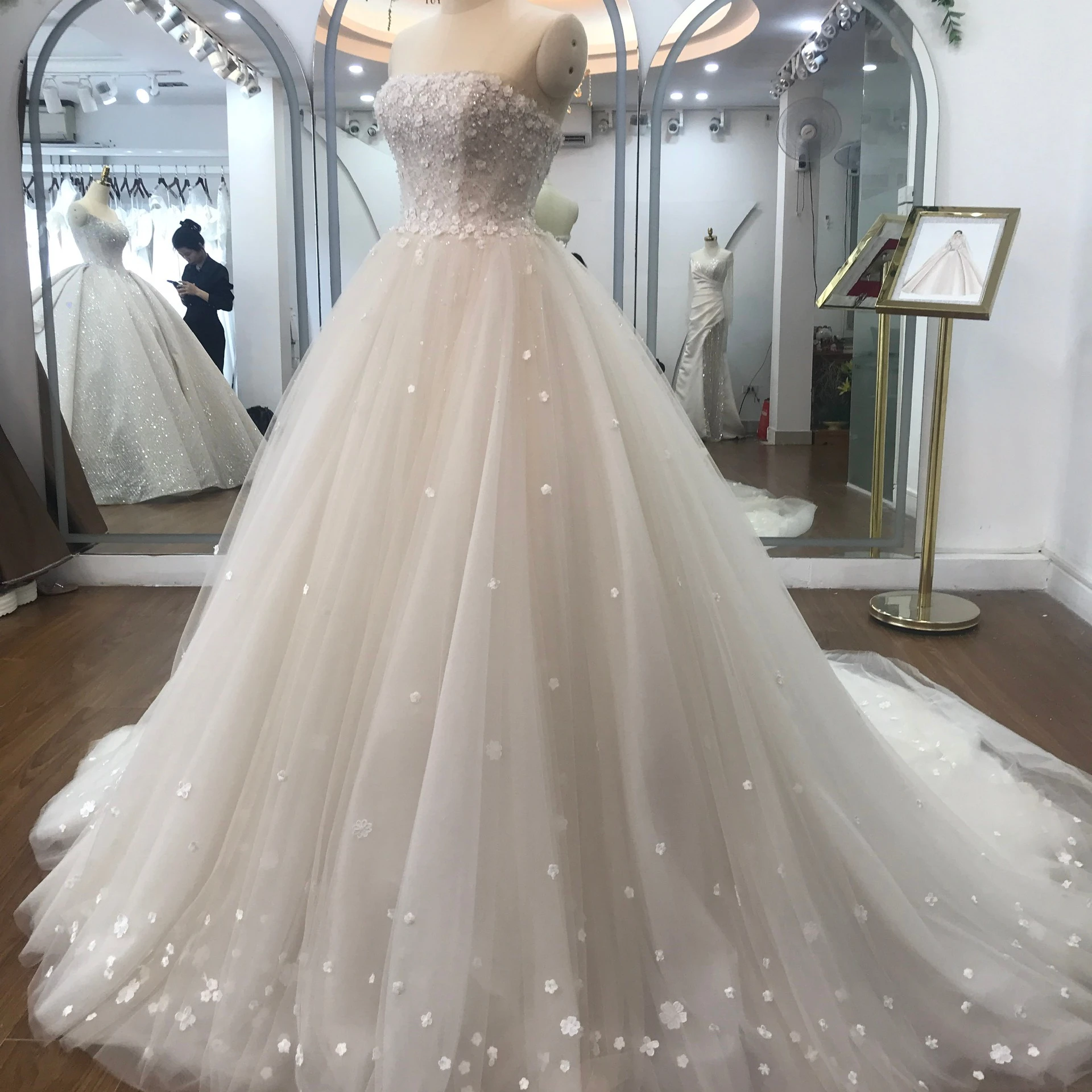 OEM Manufacture High Quality wedding dress wholesale ball gown off-shouder flowers lace beads add beading by handmade TNBP22