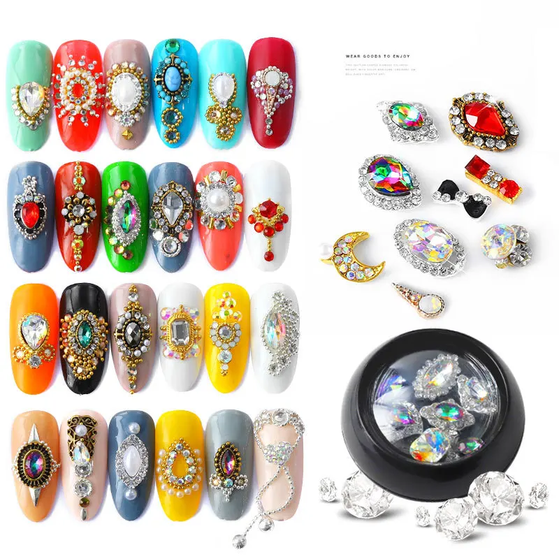 
6 Pcs Mixed Alloy Nail Art Decorations 3d Rhinestones Retro Flatback Shiny Diamonds Crystals Opal Beads Set 