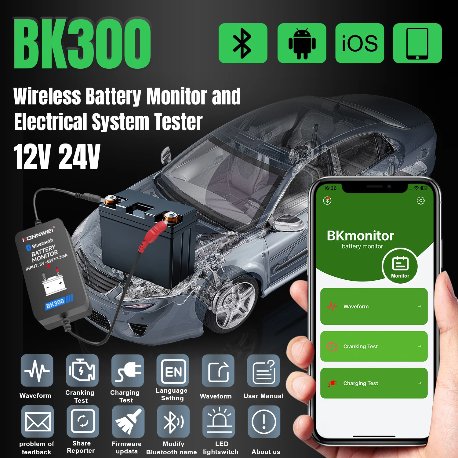 Smart  konnwei  BK300 BKmonitor Mobile APP 6V 12V 24V  Multifunctional Bluetooth Car Battery Monitor