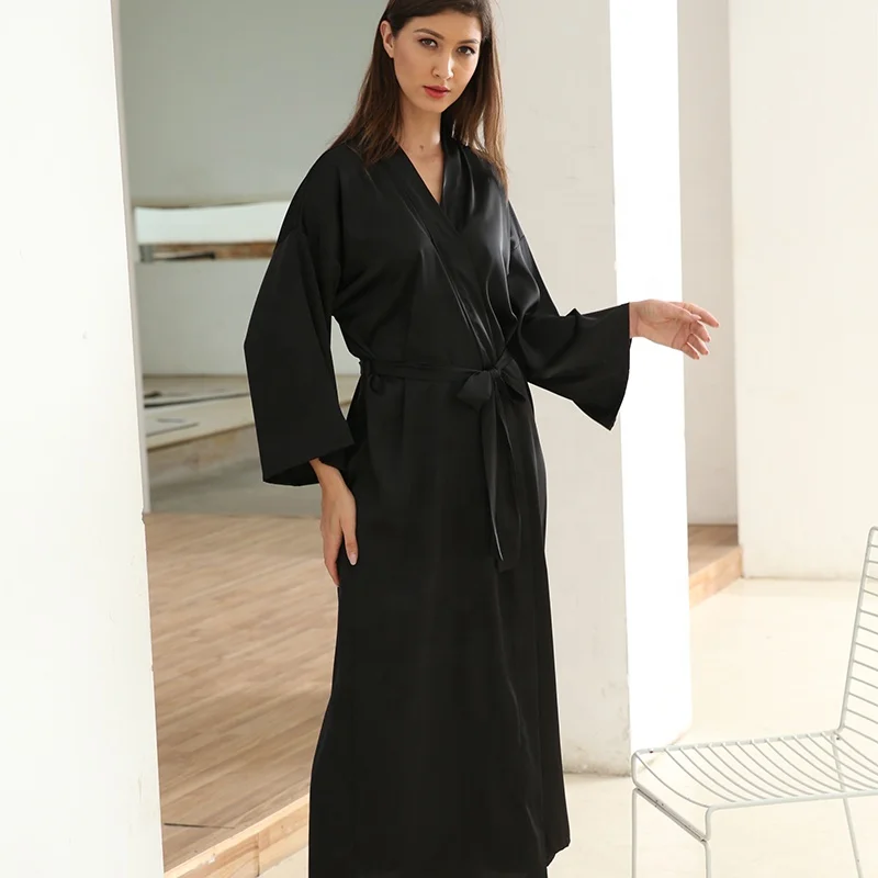 Long luxury ladies nightgown black bathrobe satin bridesmaid robe women plain kimono robe 6040