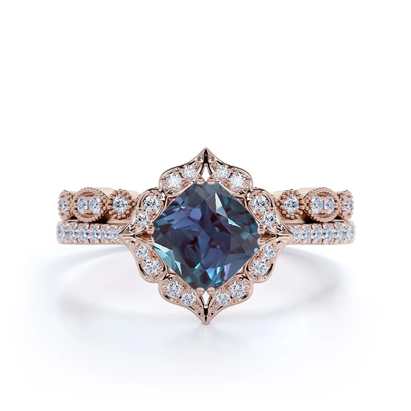 custom jewelry cushion cut Alexandrite and moissanite wedding ring set rhodium plated 925 sterling silver