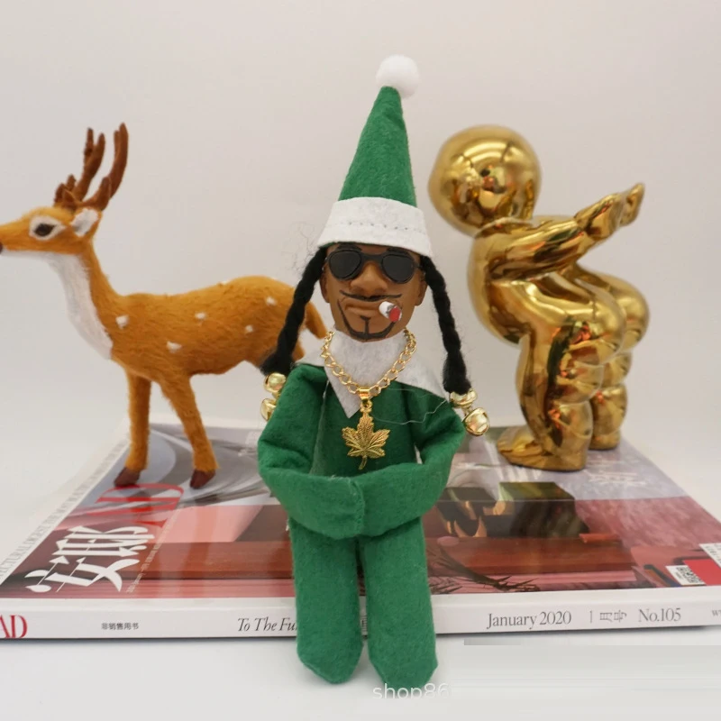 Snoop on A Stoop 2022 Christmas Elf Toy Wearing Sunglasses Cigarette Funny Decoration Home Ornament Novelty New Year Gift Toy