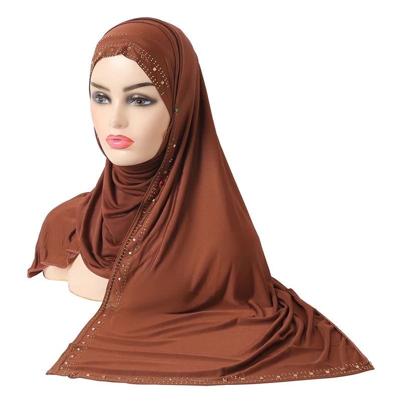 Hot Sale High Quality Plain Solid Color Malaysian Hijab Shawls Wraps Muslim Silk Headscarf Plain Rhinestone Hijab Long Scarf