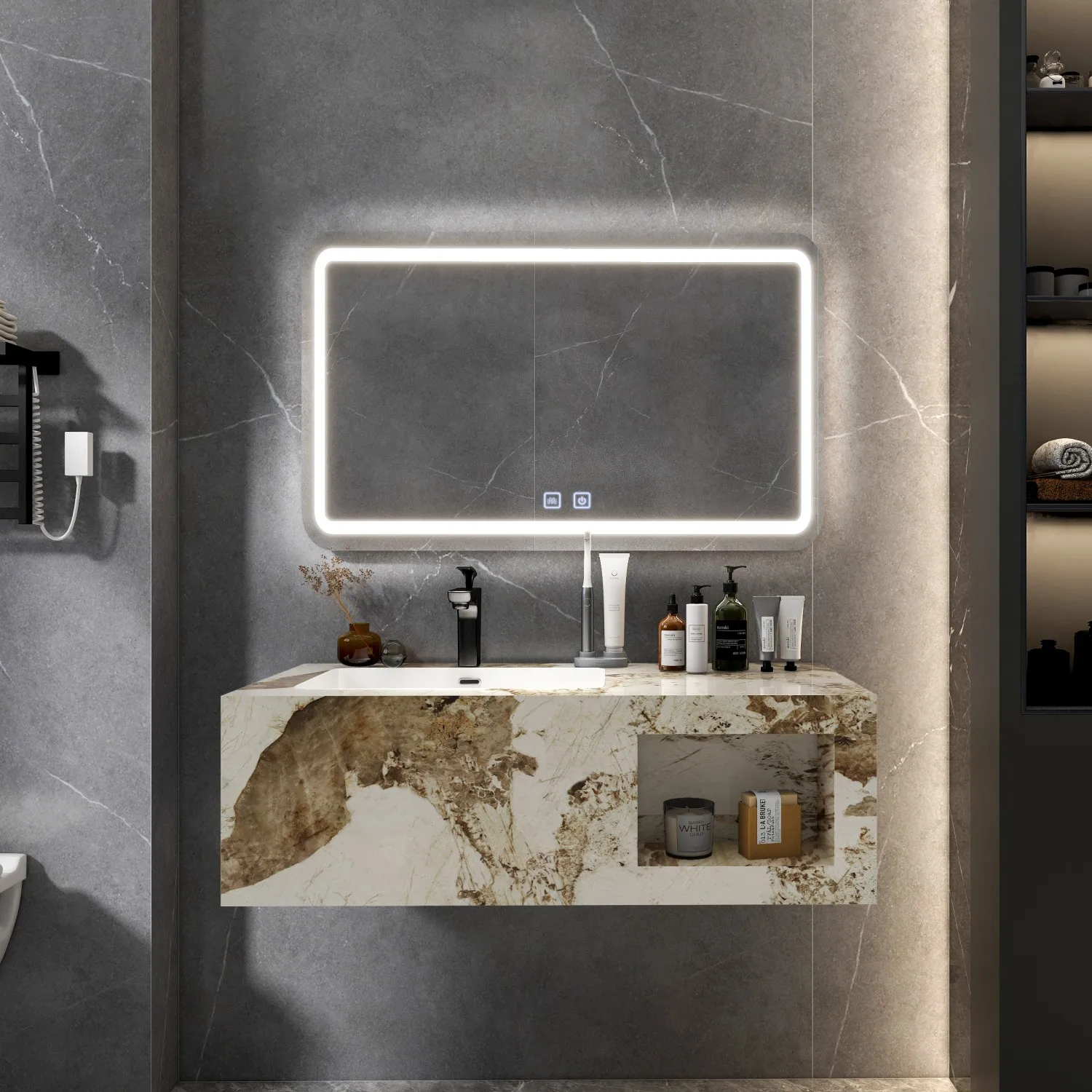 New design rock beam basin Mural Solid Surface Sink Wall Hung Marble Wash sintered stone Sink Vanity cabinet with mirror