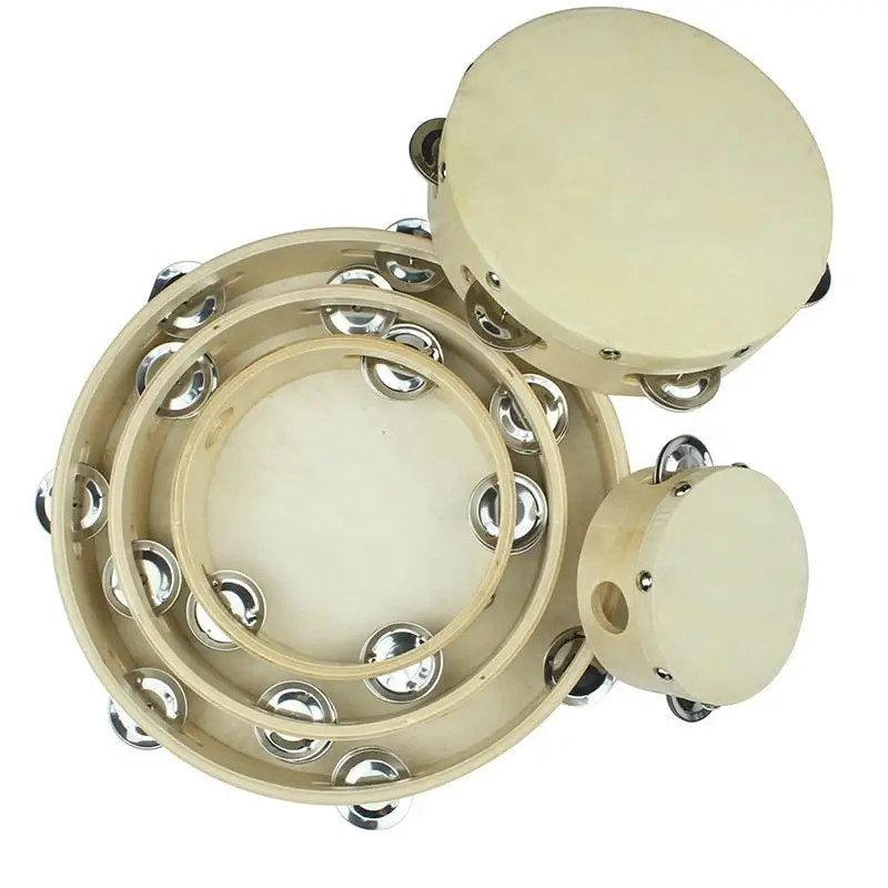 High quality wooden musical instrument toy Hand-held drum with sheepskin tambourines
