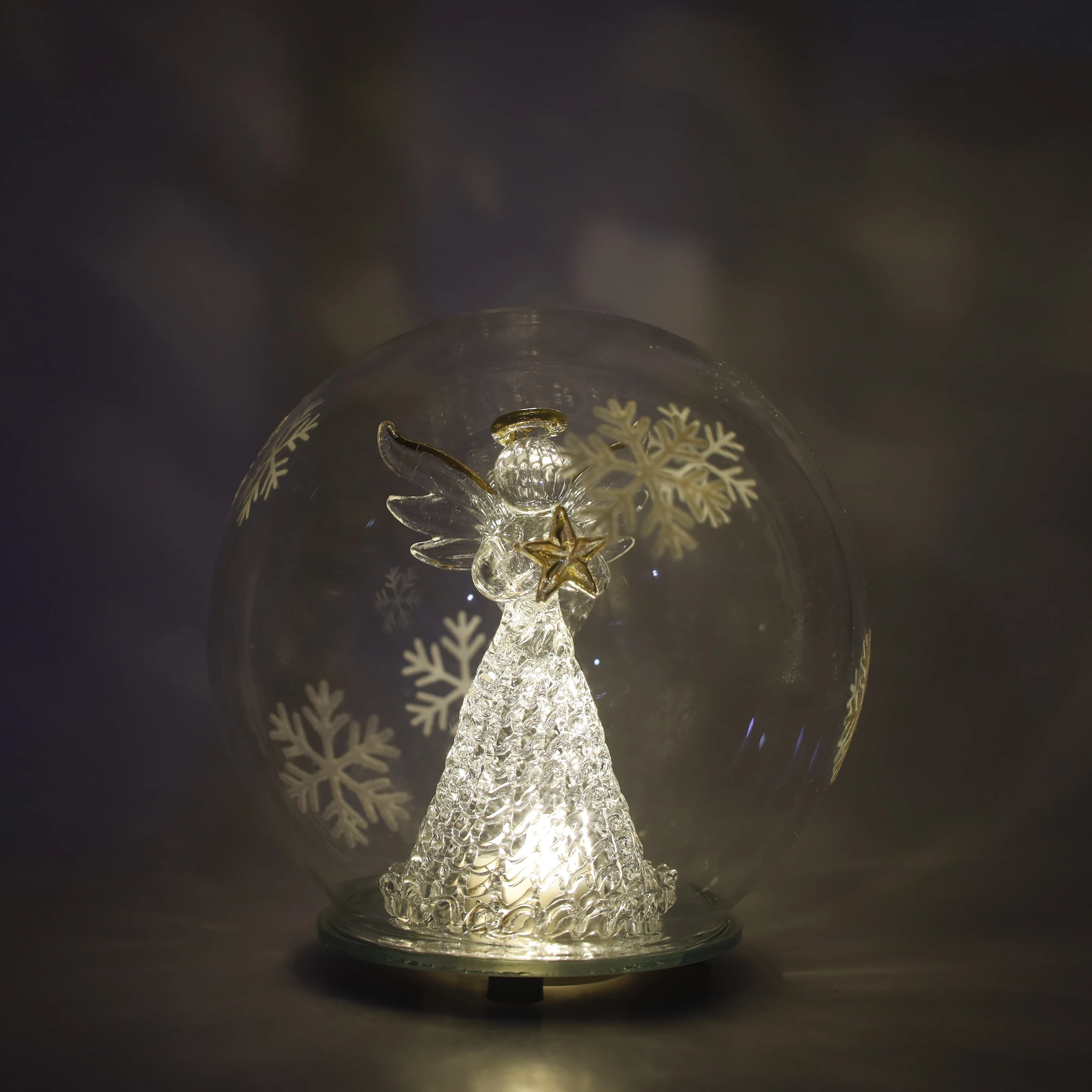 Christmas tree  glass baubles ball 12 cm LED snowflake patterned glass cover built in hand-brushed glass angel and snow powder