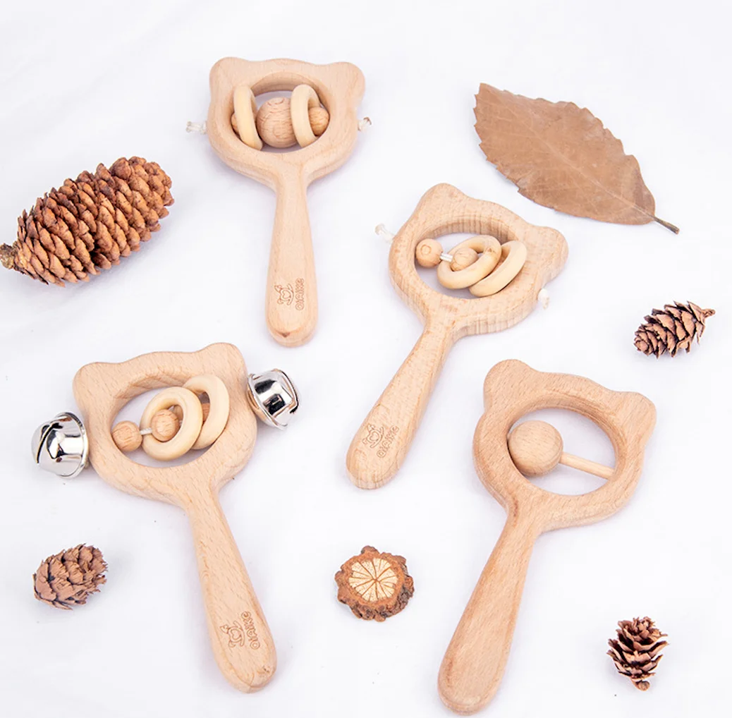 hot sell  Wood Bear Hand Teething Wooden Ring Chew Beads  Baby Play Gym Toys Teething Rattle Stroller  Montessori Toys