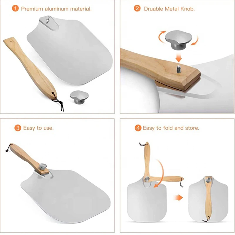 Premium Aluminum Pizza Tools Folding Oaken Handle Peel Shovel Plate with