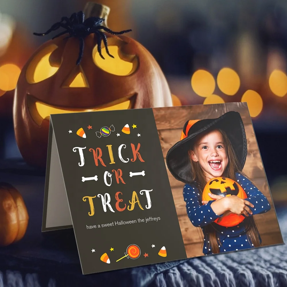 Luxury Custom Photo Text Greeting Card Bat Candy Festival Happy Halloween Cards