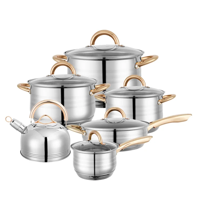 12pc golden handle kitchen pans casserole stockpot non-stick pan stainless steel cookware set with glass lid