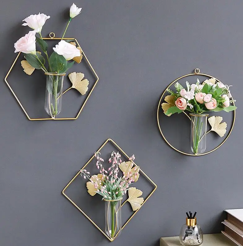 Nordic Wall Vase,Gold Geometric Vase Hanging Hydroponic Planter,Wall-Mounted Metal Glass Tube Bud Vase Decorative