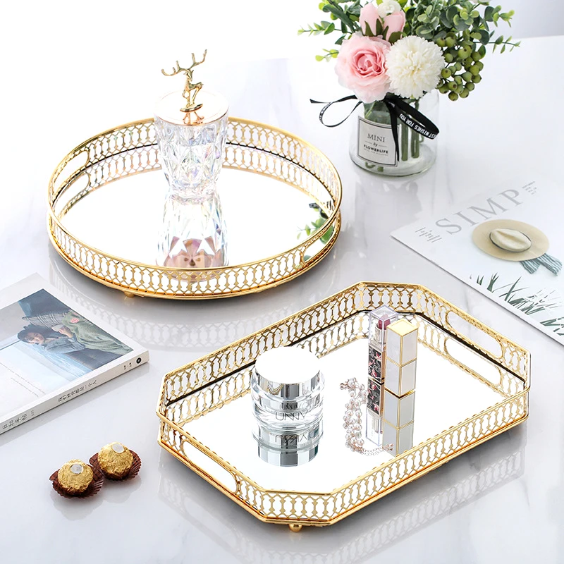 Serving Tray Set Nordic Modern Gold Glass Metal Acrylic Mirror Round Luxury Decorative Serving Trays For Serving With Handles