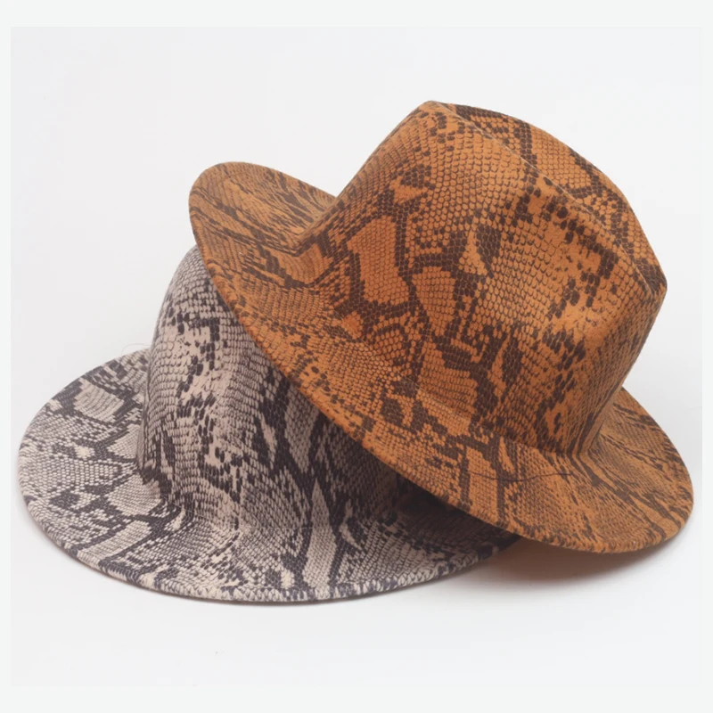 Шляпа фетровая для мужчин и женщин, элегантная фетровая Федора в британском стиле, парная шерстяная шляпа со змеиным принтом и широкими полями, 2020